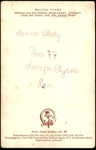 ALTE KARTE MARINA VLADY FILM-SCHAUSPIELERIN STARFOTO VEB PROGRESS BERLIN DDR actress postcard Ansichtskarte AK cpa