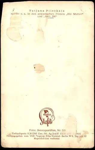 ALTE KARTE TATJANA PILEZKAJA FILM-SCHAUSPIELERIN AMULETT RUSSLAND RUSSIA RUSSIAN ACTRESS DDR STARFOTO FOTO PHOTO