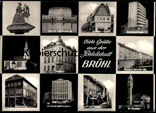 ALTE POSTKARTE BRÜHL STADTWERKE VERWALTUNGSHOCHHAUS WOHNHOCHHAUS ST. STEPHAN UHLSTRASSE RICHARD BERTRAM STRASSE SCHLOSS