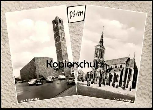 ÄLTERE POSTKARTE DÜREN ALTE ANNAKIRCHE & NEUE ANNAKIRCHE AUTOS AUTO VW KÄFER Ansichtskarte AK postcard cpa