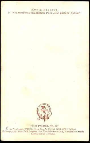 ALTE KARTE KVETA FIALOVA FILM-SCHAUSPIELERIN LÄCHELN STARFOTO VEB PROGRESS BERLIN DDR actress postcard hat cpa AK
