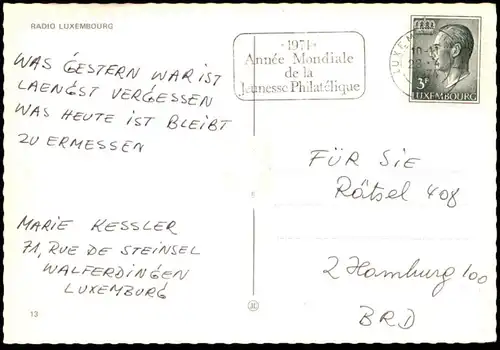 ÄLTERE POSTKARTE RADIO LUXEMBOURG VOITURES AUTOS CARS LUXEMBURG 1974 Ansichtskarte pa postcard AK