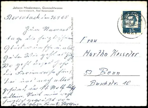 ALTE POSTKARTE GRUSS AUS BERENBACH EIFEL JOHANN MINDERMANN GEMISCHTWAREN POST KAISERSESCH KELBERG Ansichtskarte postcard