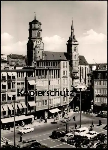 ÄLTERE POSTKARTE STUTTGART MARKTPLATZ MIT STIFTSKIRCHE VW BUS MIT AUFDRUCK EBERSPÄCHER & STIERLE TUCHHANDLUNG KÄFER Auto