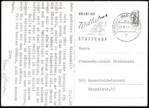 ÄLTERE POSTKARTE STUTTGART MARKTPLATZ MIT STIFTSKIRCHE VW BUS MIT AUFDRUCK EBERSPÄCHER & STIERLE TUCHHANDLUNG KÄFER Auto