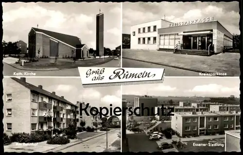 ÄLTERE POSTKARTE GRUSS AUS RUMELN KREISSPARKASSE AM BAHNHOF ESSENER SIEDLUNG KATHOLISCHE KIRCHE DUISBURG AK postcard