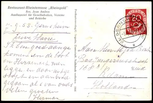 ALTE POSTKARTE GRUSS AUS GERNSHEIM RESTAURANT RHEINTERRASSE RHEINGOLD AM RHEIN DAMPFER PETER-SCHÖLLER-DENKMAL MIT SCHULE