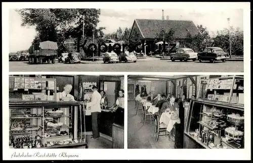 ÄLTERE POSTKARTE AUTOBAHN-RASTSTÄTTE RHYNERN-SÜD HAMM VW KÄFER KELLNER Autobahn Köln-Berlin motorway highway autoroute