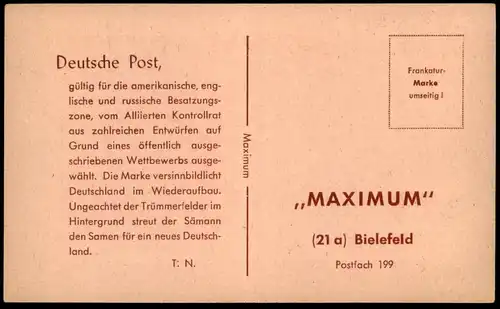 ALTE POSTKARTE DEUTSCHE POST 1948 NACH MAXIMUM BIELEFELD SONDERSTEMPEL BRIEFMARKE 8 PFENNIG MARKE WIEDERAUFBAU