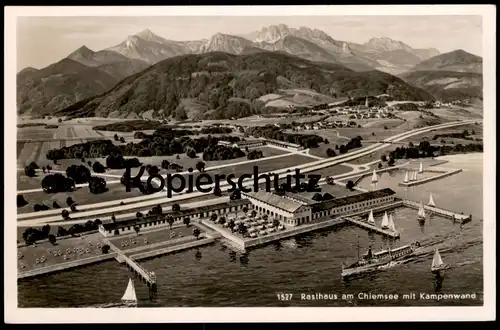 ALTE POSTKARTE RASTHAUS AM CHIEMSEE MIT KAMPENWAND PANORAMA LUFTBILD TOTAL GESAMTANSICHT Ansichtskarte postcard cpa