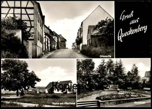 ÄLTERE POSTKARTE GRUSS AUS QUECKENBERG ORTSPARTIE EHRENMAL PARTIE MIT PFARRHAUS RHEINBACH Ansichtskarte AK postcard cpa