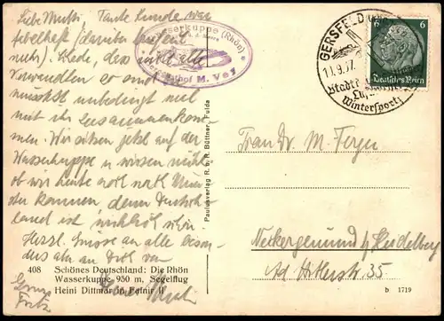 ALTE POSTKARTE SEGELFLUG HEINI DITTMAR IN FAFNIR II 1937 SCHÖNES DEUTSCHLAND RHÖN SEGELFLIEGER Ansichtskarte postcard