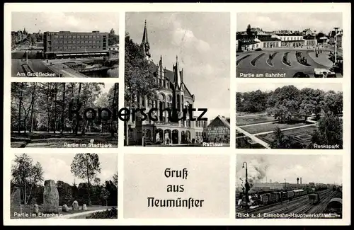 ÄLTERE POSTKARTE GRUSS AUS NEUMÜNSTER PARTIE AM BAHNHOF EISENBAHN-HAUPTWERKSTÄTTE DAMPFLOK RENKSPARK Ansichtskarte AK