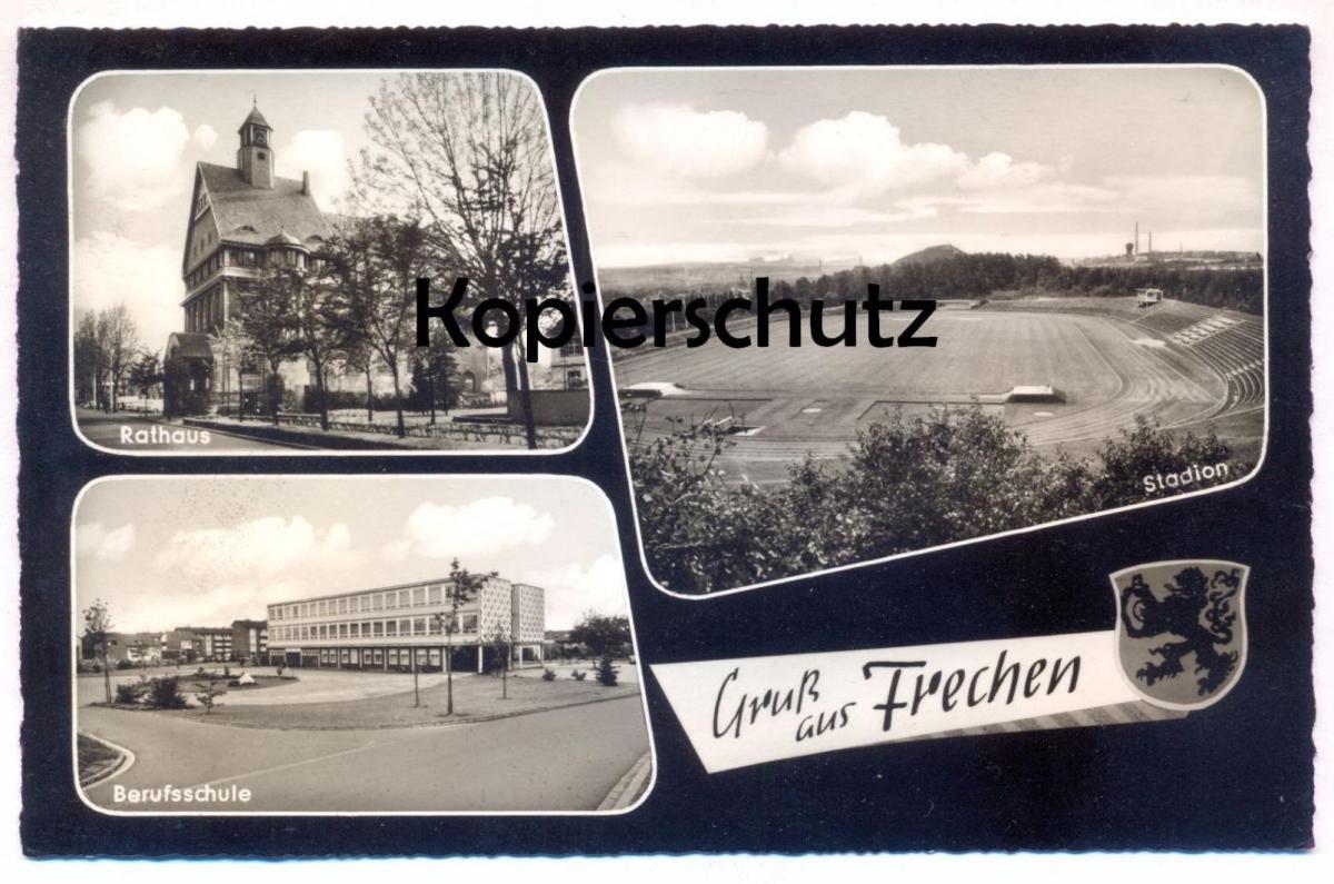 ÄLTERE POSTKARTE GRUSS AUS FRECHEN STADION BERUFSSCHULE RATHAUS soccer