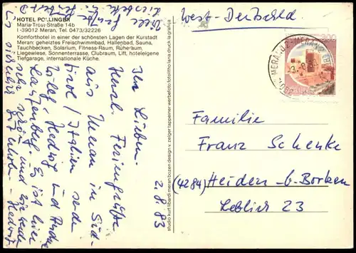ÄLTERE POSTKARTE HOTEL POLLINGER MERAN SCHWIMMBAD SPIESERAUM MERANO SÜDTIROL Ansichtskarte AK cpa postcard