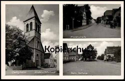 ALTE POSTKARTE OETIGHEIM KIRCHE UND SCHULHAUS KRONENSTRASSE BEIM RATHAUS LANDKREIS RASTATT Ansichtskarte AK postcard cpa