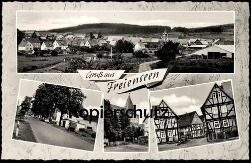 ÄLTERE POSTKARTE GRUSS AUS FREIENSEEN LAUBACH STEMPEL GRÜNBERG Fachwerkhaus Panorama Ansichtskarte AK postcard cpa