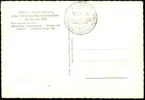 ÄLTERE POSTKARTE 100 JAHRE EISENBAHN BEXBACH 1852 - 1952 Zug train railway Lokomotive locomotive steam engine postcard