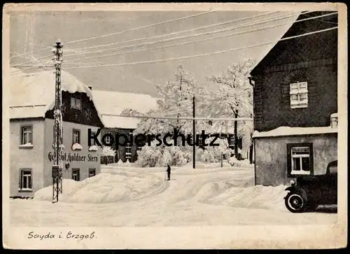 ALTE POSTKARTE SAYDA IM ERZGEBIRGE GASTHOF GOLDNER STERN WINTER AUTO SCHNEE SACHSEN Ansichtskarte AK postcard cpa