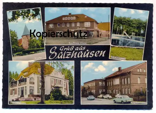 ÄLTERE POSTKARTE GRUSS AUS SALZHAUSEN LANDKREIS HARBURG KAUFHAUS DÜVER VW BUS SCHWIMMBAD PENSIONSHAUS Ansichtskarte cpa