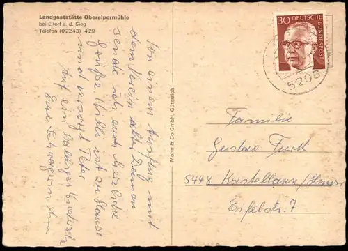 ÄLTERE POSTKARTE EITORF LANDGASTSTÄTTE OBEREIPERMÜHLE OBEREIPER MÜHLE FLASCHE ASBACH URALT Ansichtskarte postcard AK cpa