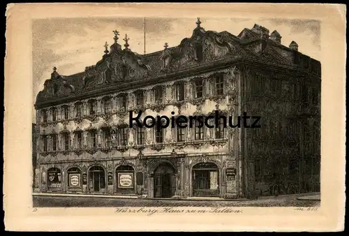 ALTE KÜNSTLER POSTKARTE WÜRZBURG RADIERUNG HAUS ZUM FALKEN KUPFERRADIERUNG HANDPRESSENDRUCK Ansichtskarte cpa postcard