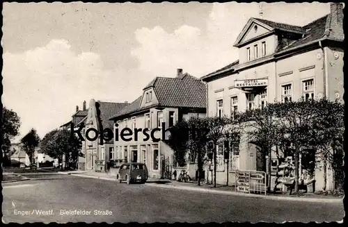 ÄLTERE POSTKARTE ENGER WESTFALEN BIELEFELDER STRASSE HOTEL RESTAURANT STRASSENSCHILD BIELEFELD Ansichtskarte AK postcard