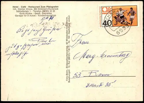 ÄLTERE POSTKARTE HOTEL CAFÉ RESTAURANT ZUM PFALZGRAFEN SIMMERN IM HUNSRÜCK GÜNTER KLOOS WM 1974 Ansichtskarte postcard
