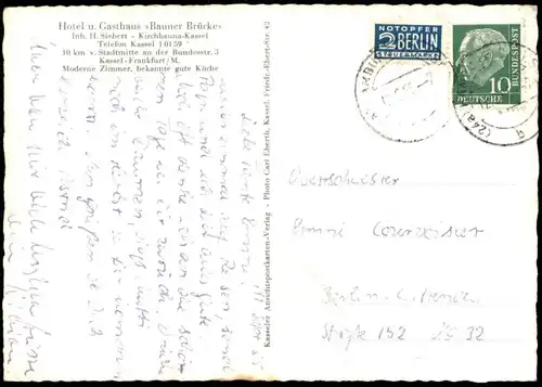 ALTE POSTKARTE HOTEL UND GASTHAUS BAUNER BRÜCKE KIRCHBAUNA KASSEL INH. H. SIEBERT GASOLIN TANKSTELLE BUS BAUNATAL AK cpa