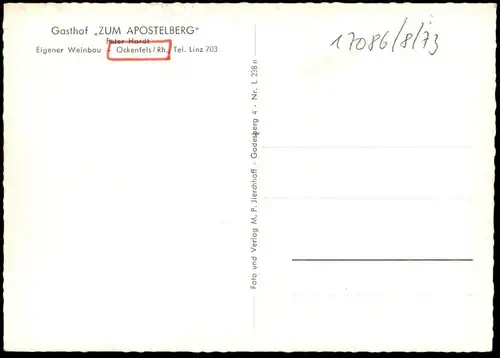 ALTE POSTKARTE OCKENFELS AM RHEIN GASTHOF ZUM APOSTELNBERG EIGENER WEINBAU TELEFON LINZ Ansichtskarte AK cpa postcard