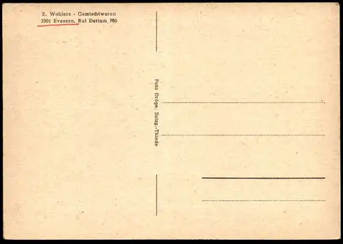 ALTE POSTKARTE GRUSS AUS EVESSEN AM ELM TUMULUS SCHULE KIRCHE ORTSANSICHT LANDKREIS WOLFENBÜTTEL E. WOHLERS RUF DETTUM