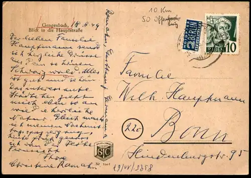 ALTE POSTKARTE GENGENBACH BLICK IN DIE HAUPTSTRASSE 1949 BRIEFMARKE HANS BALDUNG BADEN Ansichtskarte AK cpa postcard