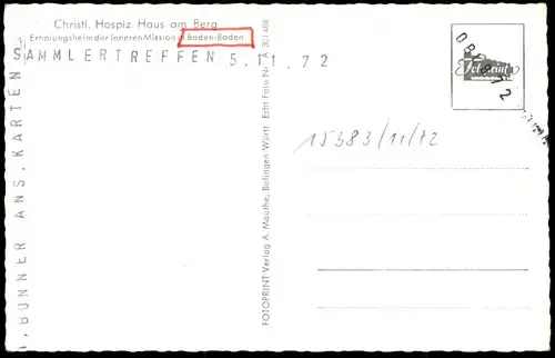 ÄLTERE POSTKARTE BADEN-BADEN CHRISTLICHES HOSPIZ HAUS AM BERG ERHOLUNGSHEIM DER INNEREN MISSION Ansichtskarte postcard
