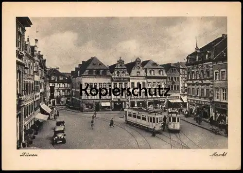 ALTE POSTKARTE DÜREN 1200 JAHRE 1948 MARKT STRASSENBAHN GESCHÄFT MÖBELHAUS FLAGGE BEI DRUCK GESCHWÄRZT Ansichtskarte