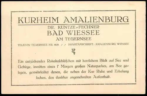 ALTE POSTKARTE BAD WIESSEE KURHEIM AMALIENBURG DAS VORNEHME BEHAGLICHE FAMILIENHEIM Ansichtskarte AK postcard cpa