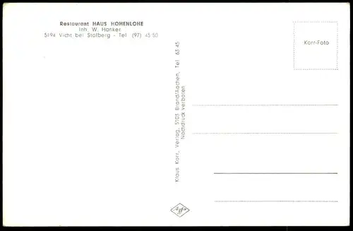 ÄLTERE POSTKARTE VICHT BEI STOLBERG RESTAURANT HAUS HOHENLOHE INHABER W. HANKER VW KÄFER VOLKSWAGEN AK cpa postcard