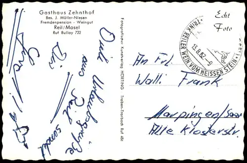 ÄLTERE POSTKARTE GASTHAUS ZEHNTHOF REIL AN DER MOSEL BESITZER J. MÜLLER-NIESEN WEINGUT RUF BULLAY SELEKTA SPIELAUTOMAT