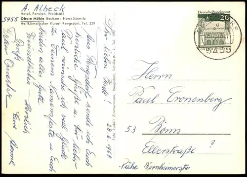 ÄLTERE POSTKARTE HOTEL PENSION CAFÉ OBERE MÜHLE RENGSDORF WALDBREITBACH WIEDTAL HORST SCHMITZ HOLLYWOODSCHAUKEL AK cpa