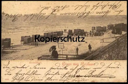 ALTE POSTKARTE GRUSS AUS BORKUM HERRENBAD 1901 BAD STRAND SCHILD SCHIRM BADESTRAND plage beach Ansichtskarte postcard