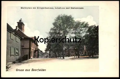 ALTE POSTKARTE GRUSS AUS BEERFELDEN MARKTPLATZ MIT KRIEGERDENKMAL SCHULHAUS UND MARKTSTRASSE Ansichtskarte cpa postcard