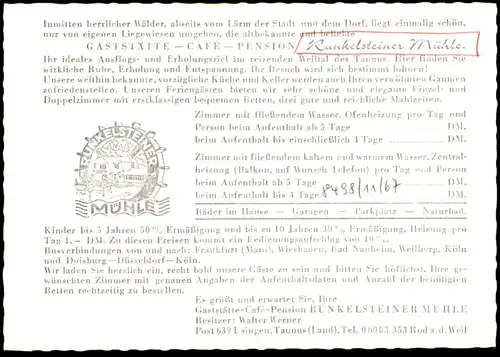 ÄLTERE POSTKARTE RUNKELSTEINER MÜHLE GASTSTÄTTE IM WEILTAL USINGEN TELEFON ROD AN DER WEIL ANSICHTSKARTE AK postcard cpa