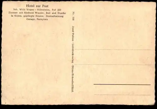 ÄLTERE POSTKARTE HILLESHEIM HOTEL ZUR POST COCA COLA UHR THEKE KARMANN GHIA ? WILLI VOGES Ansichtskarte postcard cpa AK