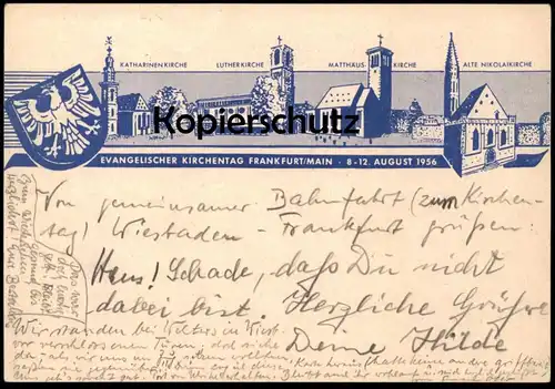 ALTE POSTKARTE FRANKFURT AM MAIN KIRCHENTAG 08. - 12. AUGUST 1956 KIRCHE KATHARINENKIRCHE LUTHERKIRCHE church postcard