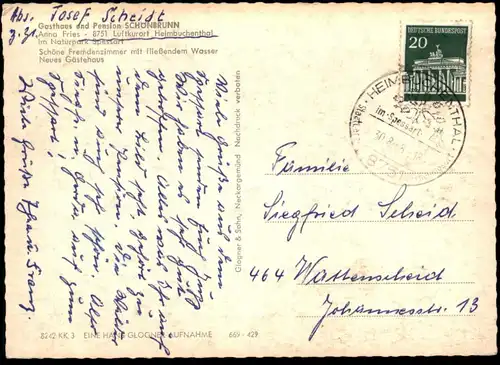 ÄLTERE POSTKARTE HEIMBUCHENTHAL GASTHAUS UND PENSION SCHÖNBRUNN ANNA FRIES OPEL ? MESPELBRUNN Ansichtskarte AK postcard