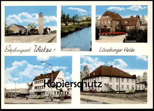 ÄLTERE POSTKARTE WIETZE LÜNEBURGER HEIDE KIRCHE RATHAUS ESSO TANKSTELLE CDU PLAKAT EHRENMAL VW KÄFER Ansichtskarte AK