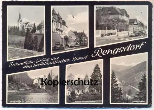 ÄLTERE POSTKARTE FREUNDLICHE GRÜSSE AUS RENGSDORF HAUPTSTRASSE OBERE MÜHLE EVANGELISCHE KIRCHE ELISABETHHÖHE AK cpa