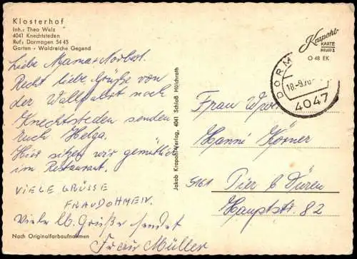 ÄLTERE POSTKARTE KLOSTERHOF KNECHTSTEDEN DORMAGEN GAFFEL KÖLSCH UNION BIER AUTOMAT SEKT THEKE Ansichtskarte AK postcard