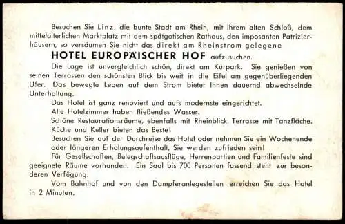 ALTE POSTKARTE LINZ AM RHEIN HOTEL EUROPÄISCHER HOF WINTERGARTEN SPEISESAAL 2 MINUTEN VON DAMPFERANLEGESTELLEN AK