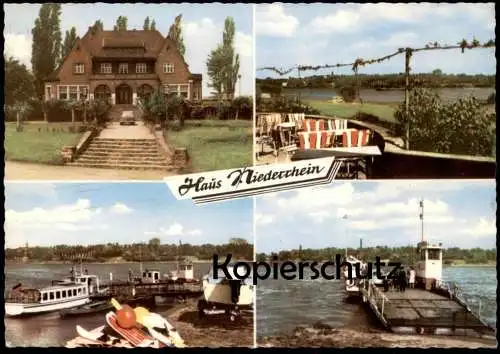 ÄLTERE POSTKARTE LANGST AM RHEIN RESTAURANT CAFÉ HAUS NIEDERRHEIN MEERBUSCH GEGENÜBER KAISERSWERTH Fähre ferry VW Käfer