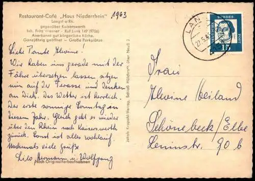 ÄLTERE POSTKARTE LANGST AM RHEIN RESTAURANT CAFÉ HAUS NIEDERRHEIN MEERBUSCH GEGENÜBER KAISERSWERTH Fähre ferry VW Käfer